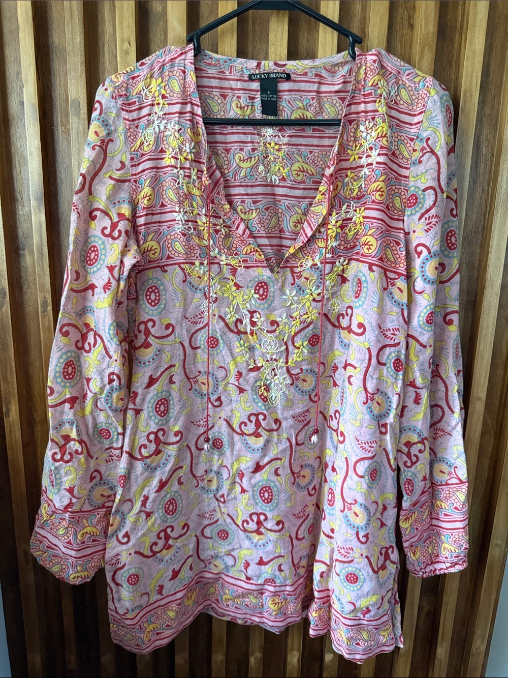 Lucky Brand 100% cotton Paisley Boho Pleasant Embroidered Tunic. S